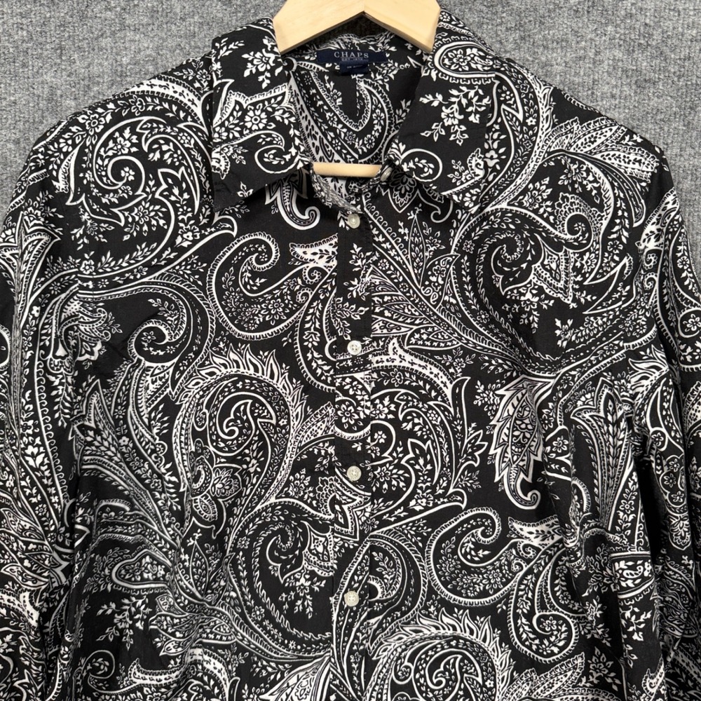 Chaps Womens Plus Sz 1X Shirt Blouse Black Cotton Paisley Button Up Long Sleeves - Picture 3 of 7